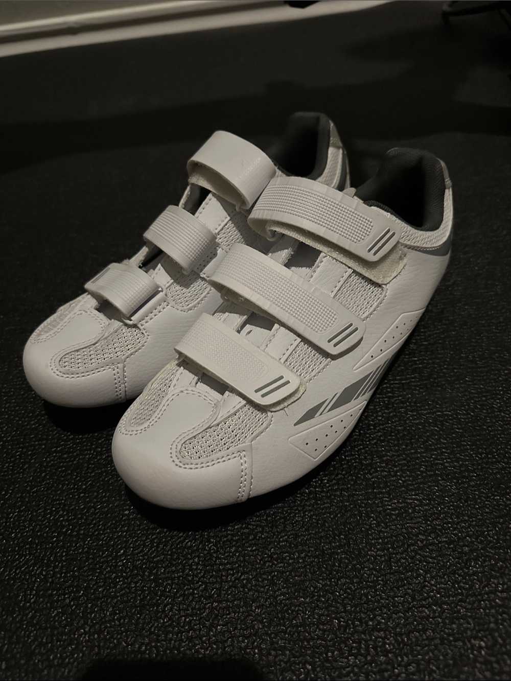Women’s White Cycling Shoes with Triple Velcro Straps. Works with Peloton Bike